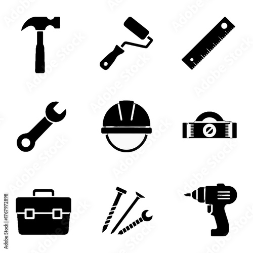 Set of construction and repair tools icons including hammer, wrench, drill, helmet, ruler, paint roller, toolbox, nails, and tape measure.
