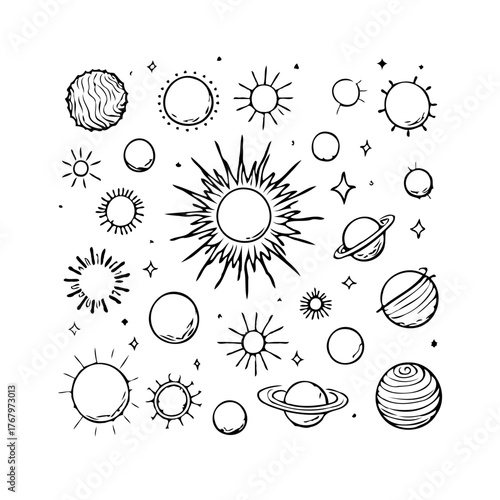 Hand drawn celestial bodies and cosmic elements depicting a whimsical exploration of universe and