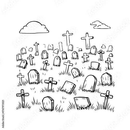 Hand drawn cemetery landscape with tombstones, crosses and cloudy sky offering a spooky yet