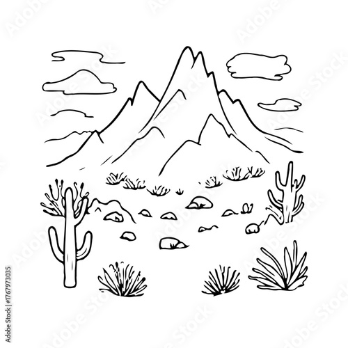 Hand drawn desert landscape featuring rugged mountains cacti and sparse vegetation creating a