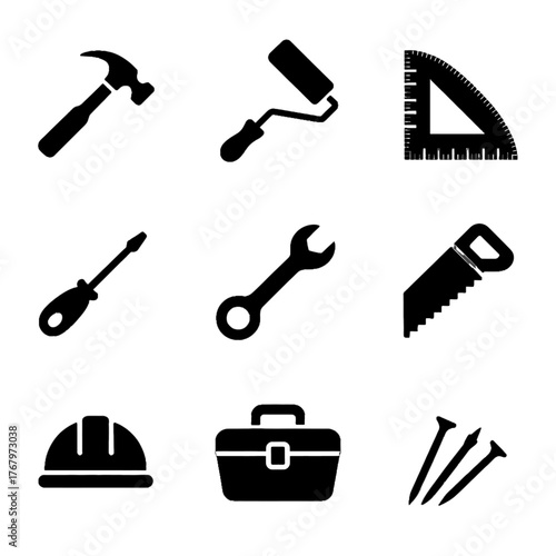 Collection of construction and repair tools including hammer, screwdriver, wrench, saw, paint roller, ruler, hard hat, toolbox, and nails