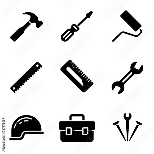 Set of black silhouette icons representing common construction and repair tools including hammer, screwdriver, paint roller, saw, ruler, wrench, hard hat, toolbox, and nails.