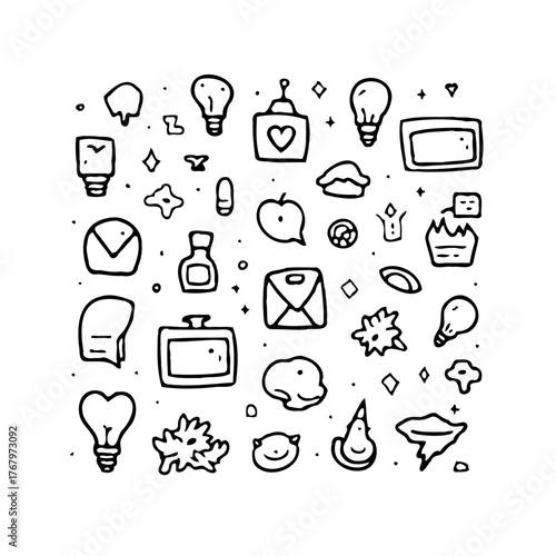 Hand drawn doodle illustration offering a whimsical collection of icons, ideal for creative