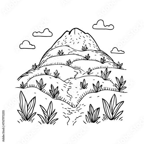 Hand drawn mountain landscape with natural elements like plants and clouds in a simplified sketch