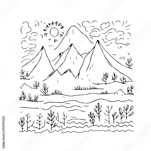 Hand drawn mountain range with a shining sun creates a serene and peaceful outdoor landscape