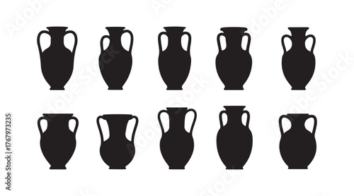 Greek Vases with Black Silhouettes in a Clean Style. Vector Illustrations featuring various Clay Vessels for designing Patterns, Prints, Posters, Collages, and more.