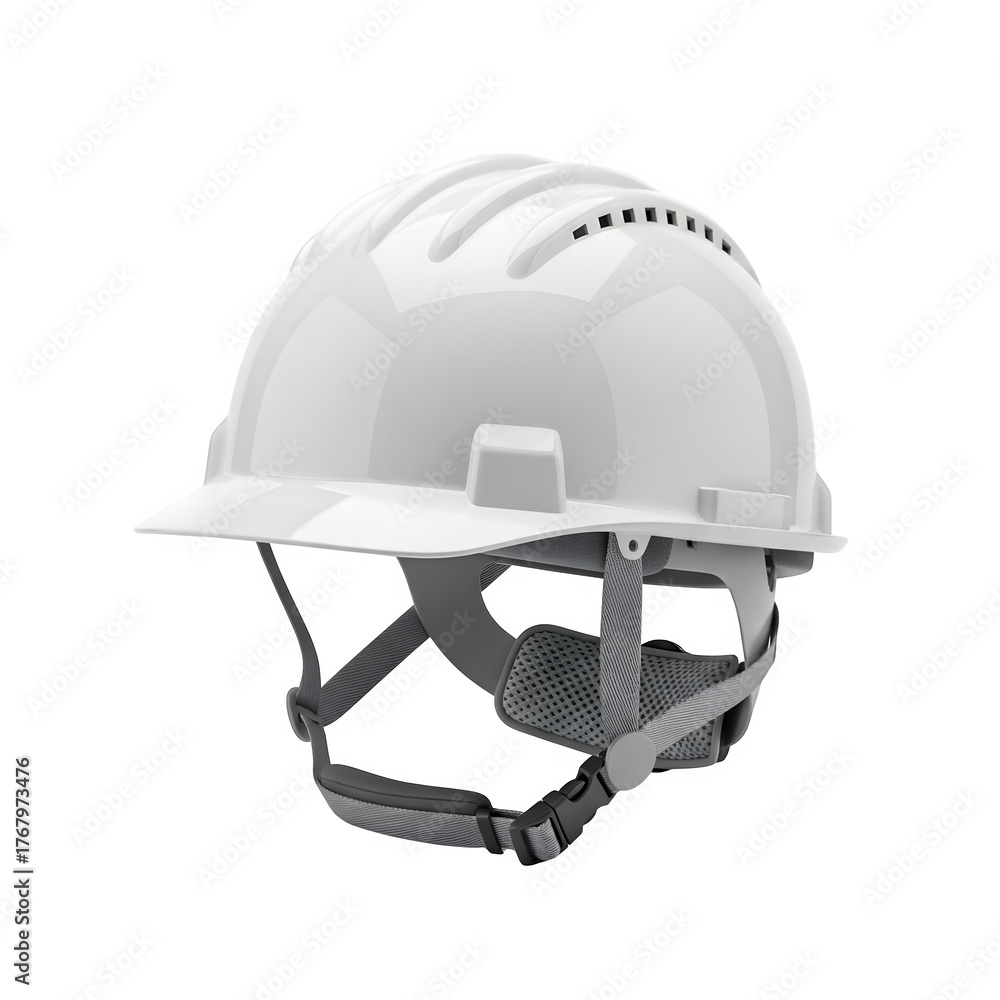 Fototapeta premium A white construction helmet designed for safety in construction environments, isolated on white or transparent background. PNG