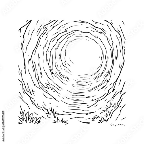 Hand-drawn illustration depicting a winding tunnel opening to light, evoking a sense of depth and