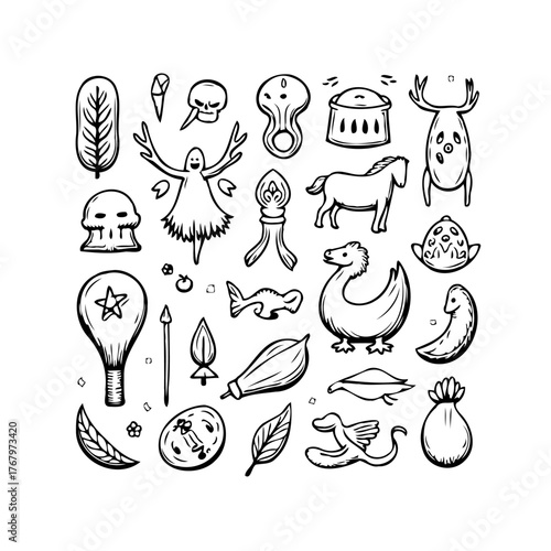 Hand-drawn illustrations depicting various whimsical icons in black and white creating unique