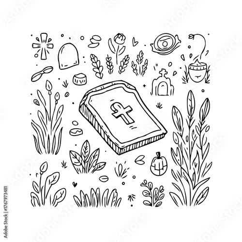Hand-Drawn Whimsical Tombstone Illustration with Floral and Symbolic Elements and other related