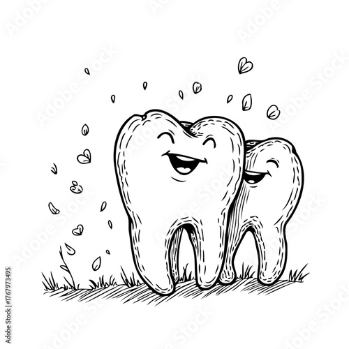 Happy dental duo in line art design with hearts, teeth showcasing oral health and positive