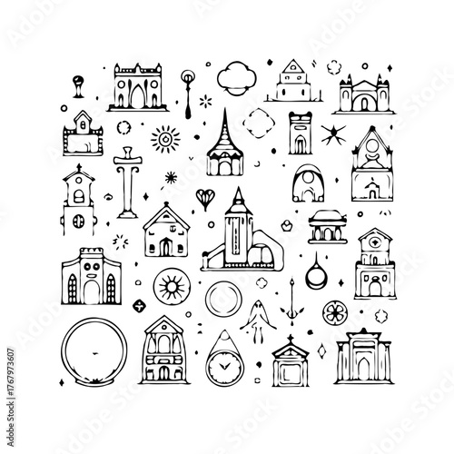 Illustrative architectural sketches of historical places with religious buildings arranged in a