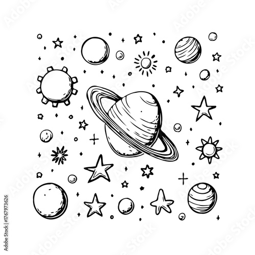 Illustrative cosmic composition featuring various celestial bodies evoking a whimsical space