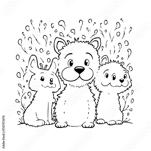 Illustrative line art portraying three adorable animals celebrating with whimsical bursting shapes