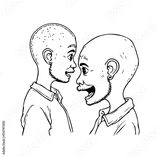 Intimate sketch of two diverse men face to face sharing a joyous and meaningful connection