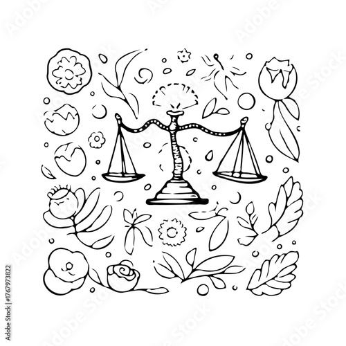 Intricate balance illustration portraying scales adorned with various botanical elements and