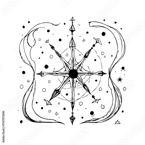 Intricate cosmic compass direction guide celestial navigation astral symbol black ink drawing