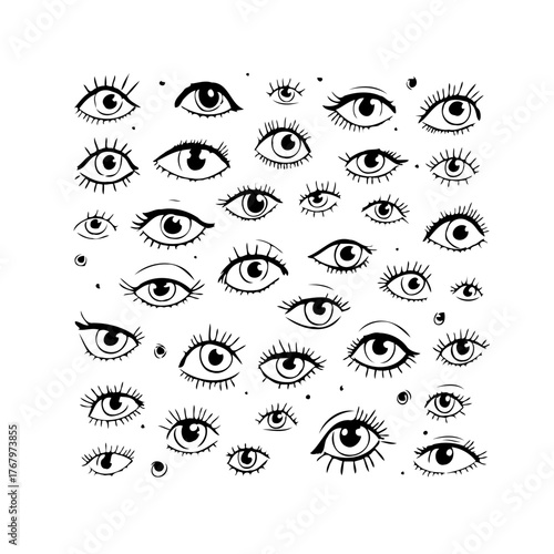 Intricate eye pattern collection, drawn style, featuring various emotive expressions and