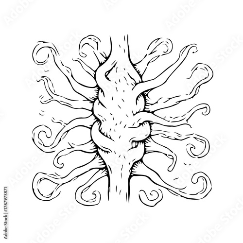 Intricate hand drawn arboreal structure featuring winding tendrils and detailed texture creating