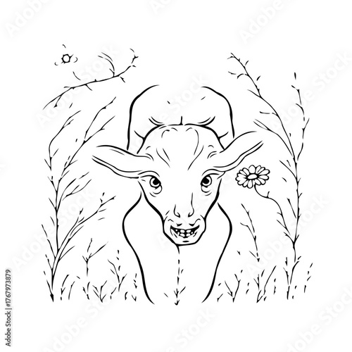 Vászonkép Intricate ink drawing portraying a bull amidst wild grass and botanical elements