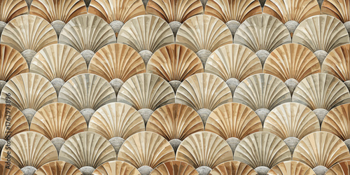 Elegant textured wallpaper design featuring overlapping fan-shaped patterns in warm beige and cream tones.