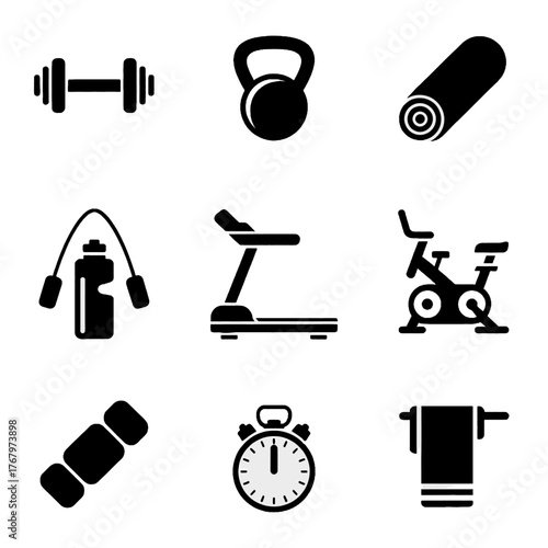 Set of fitness equipment and workout-related icons including dumbbells, kettlebell, yoga mat, jump rope, water bottle, treadmill, exercise bike, resistance bands, stopwatch, and towel.