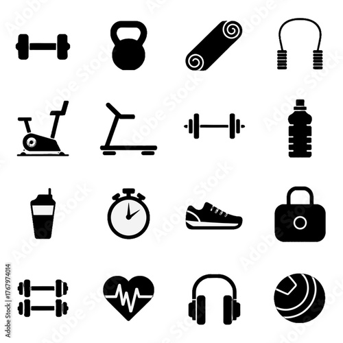 Collection of fitness and exercise-related icons including weights, cardio equipment, water bottle, sneakers, and health symbols