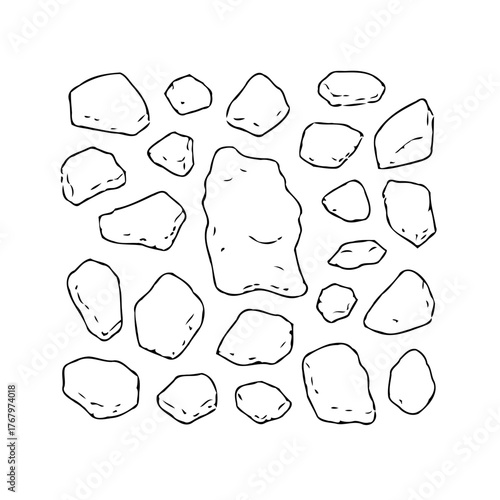 Line art representation of assorted rock shapes, simple illustration of varied geological pebble