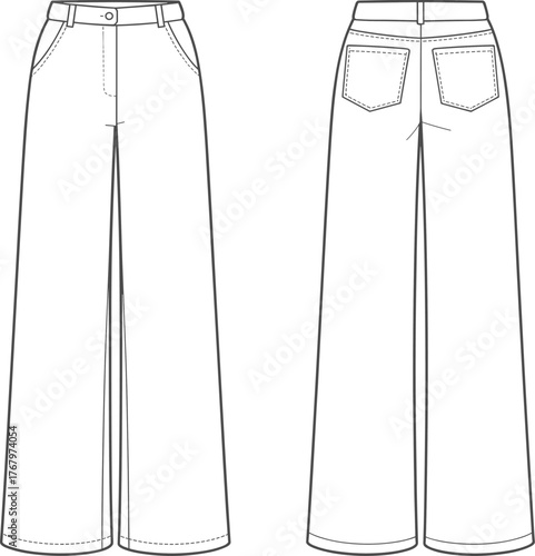 Fashion flat sketch of wide leg pants, front and back view, technical drawing for trousers design, vector template for fashion designers
