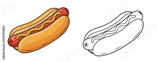 Illustration showing a classic hot dog with sausage and mustard in color next to a black and white outline for a coloring book
