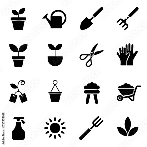 Set of black gardening icons including tools, plants, and equipment for horticulture and outdoor care