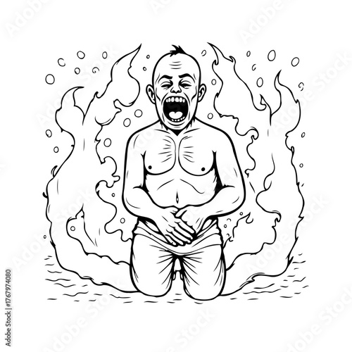 Man expressing anguish amidst fiery visuals a poignant artwork about inner turmoil and intense