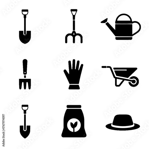 Set of gardening tools and equipment icons including shovel, rake, watering can, wheelbarrow, gloves, hat, and fertilizer bag