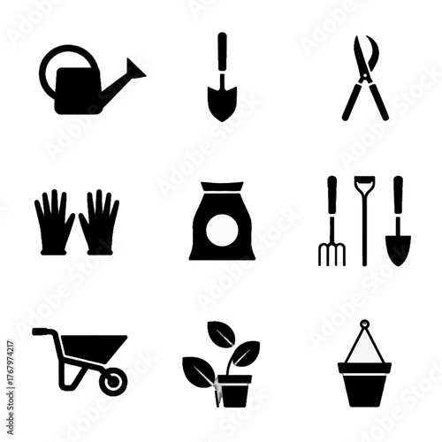 Set of gardening tools and equipment icons including watering can, shovel, shears, gloves, bag, rake, fork, wheelbarrow, potted plant, and hanging pot