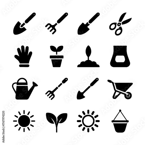 Set of gardening tools and symbols including shovel, rake, watering can, wheelbarrow, plant, sun, and gloves