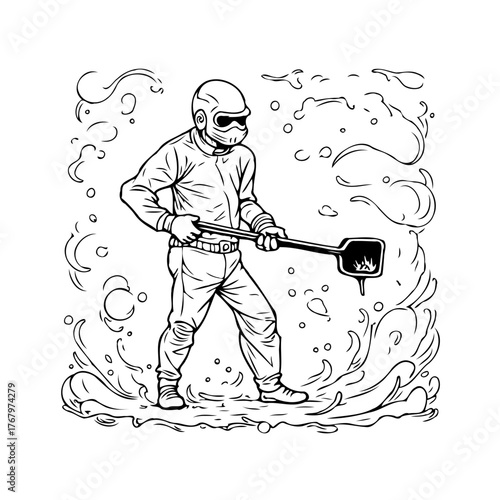 Monochrome depiction of a foundry worker handling molten metal with protective gear amid swirling