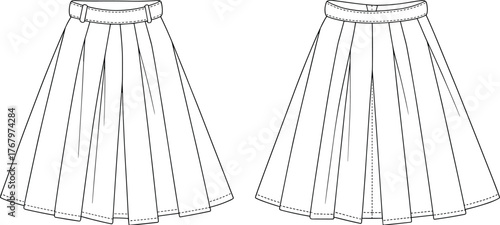 Fashion technical flat sketch of pleated midi skirt, front and back view, vector illustration for apparel design, sewing pattern, clothing template, fashion drawing
