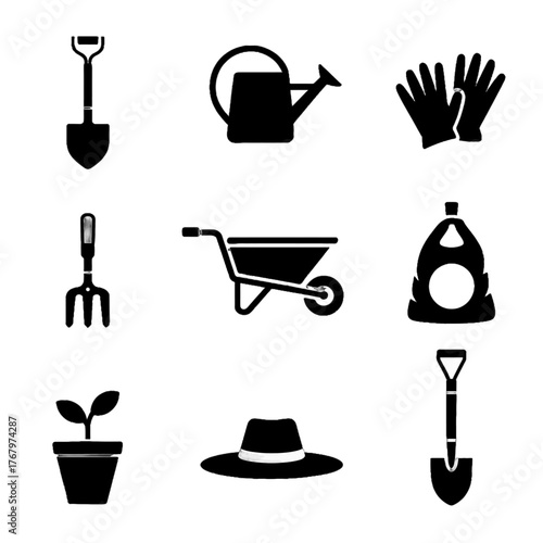 Set of gardening tools and accessories including shovel, watering can, gloves, rake, wheelbarrow, hat, potted plant, and trowel