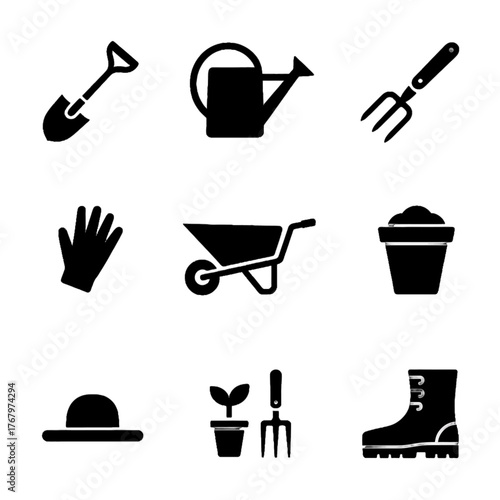 Set of gardening tools and equipment icons including shovel, watering can, rake, gloves, wheelbarrow, pot, hat, seedling, and boot
