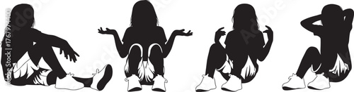 Seated person silhouette set, casual sitting poses, expressive body language, relaxed posture, vector illustration for design, animation, stock art, icon series