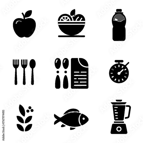 Set of food and kitchen-related icons including fruit, utensils, fish, blender, and cooking tools