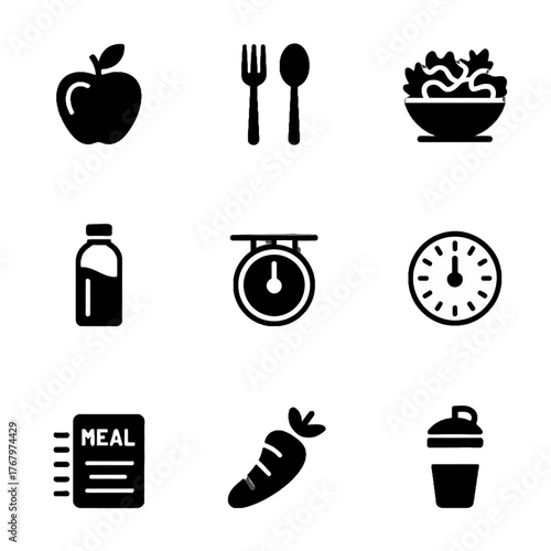 Set of black silhouette icons representing healthy eating, nutrition, and meal planning including fruits, vegetables, utensils, food items, and a timer.