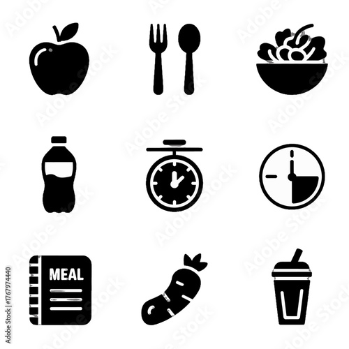 Set of black silhouette icons representing healthy eating, nutrition, and meal planning elements including fruits, vegetables, utensils, water bottle, timer, clock, notebook, and drink.