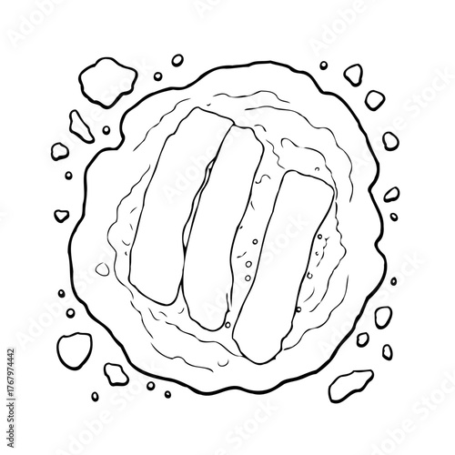 Monochrome sketch of tofu in sauce with decorative splashes, culinary illustration for creative