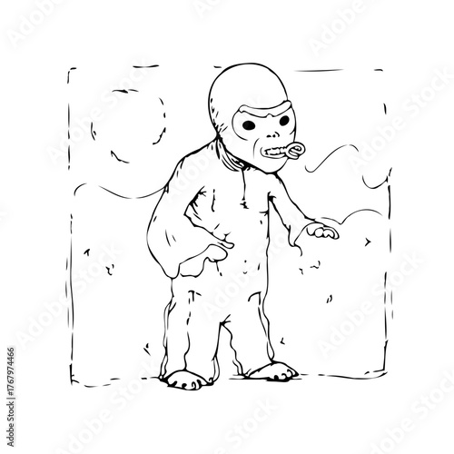 Monochrome whimsical extraterrestrial form line drawing depicting alien landscape and figure