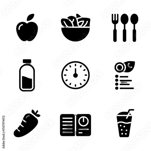 Set of black silhouette icons representing healthy eating, nutrition, and meal planning elements including fruits, vegetables, utensils, a clock, and drink.