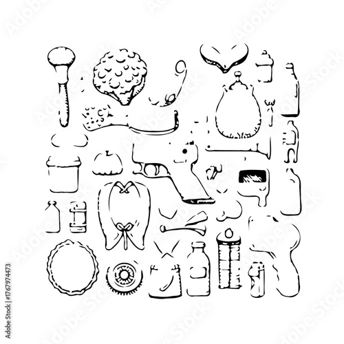 Monochrome whimsical hand drawn objects creates a unique and artistic doodle design elements for