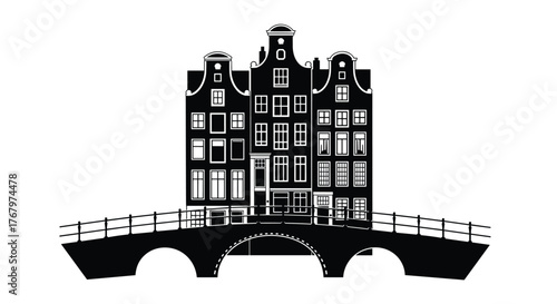 Three iconic canal houses and a charming bridge in Amsterdam, rendered as a striking black and white silhouette, perfect for travel or architectural themes.