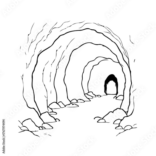 Mysterious monochrome cave entrance drawing with rocky terrain leading into shadowed depths for