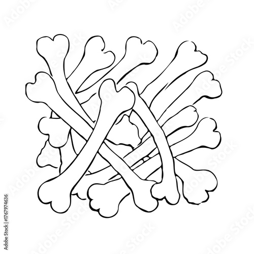 Pile of skeletal remains in black and white showcases mortality themes and anatomical